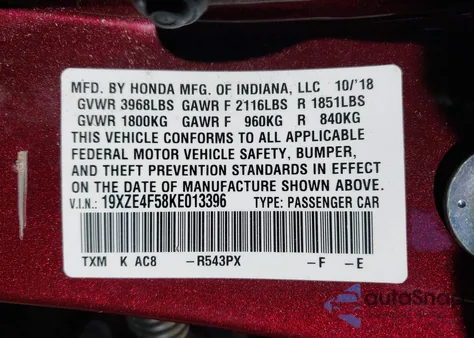 2019 Honda Insight Ex z USA, uszkodzony, nr VIN 19XZE4F58KE013396